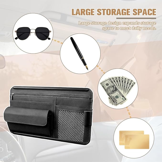 Car Sun Visor Organizer with Zipper Pocket, Multi-Pocket Vehicle Visor Storage Pouch with Card Sleeve, Eyeglasses Holder Box, Auto Interior Sunvisor Organizer Pocket, Universal Fit (Black)