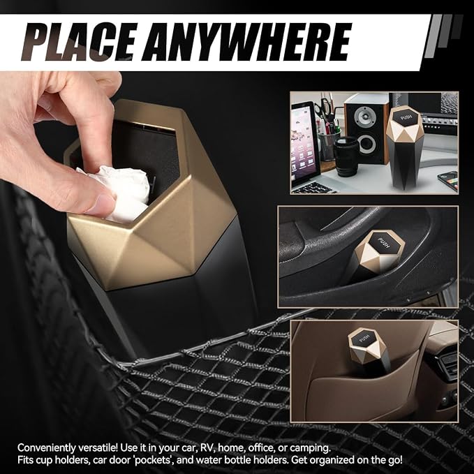Car Trash Can with Lid, Gold Car Garbage Can Cup Holder for Interior, 1 Pack Mini Leakproof Garbage Can, Multipurpose Storage Organizer for Vehicle Home Office