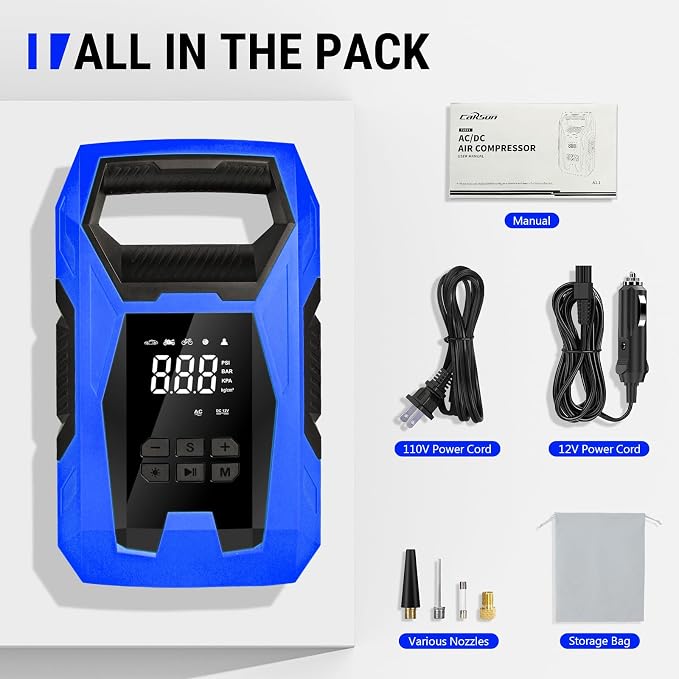AC/DC Tire Inflator Portable Air Compressor, Dual Power for Home 110V AC and Car 12V DC Air Pump with Pressure Gauge, Auto Shutoff, Tire Pump for Car Motorcycle Bike and Other Inflatables, Blue