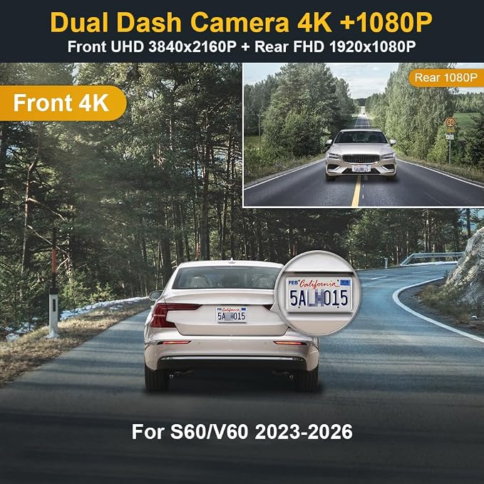 Front 4K+Rear 1080P Dash Cam Adapts for Volvo S60 & V60 2023-2026 B5 T8 Plug-in Hybrid (Model B), OEM Factory Look, Dual HD Video, WiFi & APP, Loop Recording, G-Sensor, Easy to Set, 128GB Card