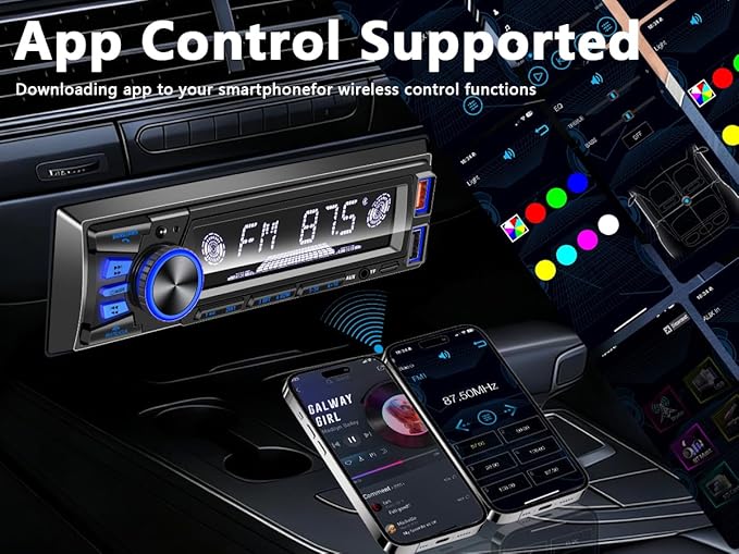 Car Radio Bluetooth Single DIN Car Stereo with Bluetooth,Car Audio with Push to Talk Button for Handsfree Calling,FM/ MP3/EQ/SD/AUX,Dual USB,iOS & Android App Control,7 LED Colors | No CD Player