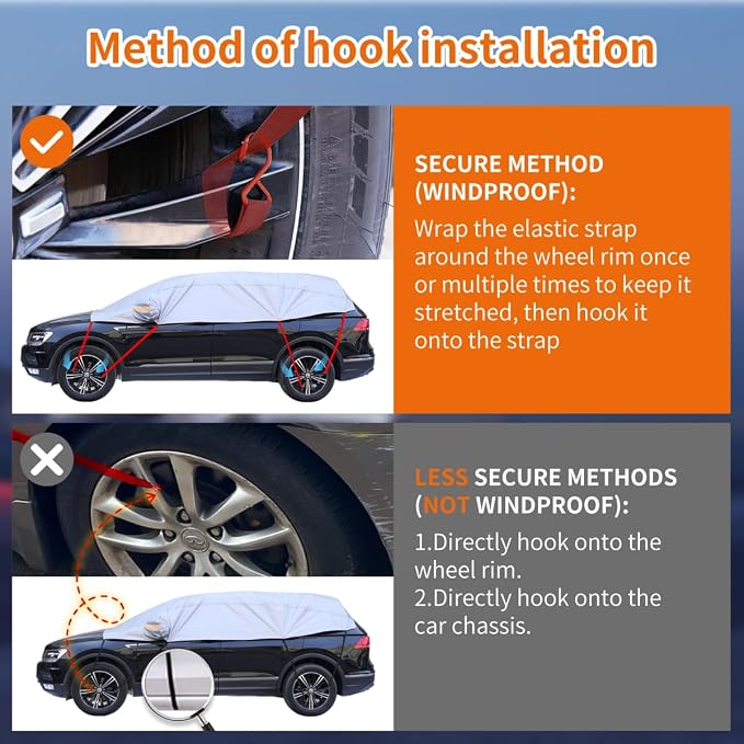Half Car Cover, Windshield Cover for Ice and Snow with Cotton Liner, Car Cover Waterproof All Weather for Snow, Sun, Rain, Dust, UV Protection Fit SUV M