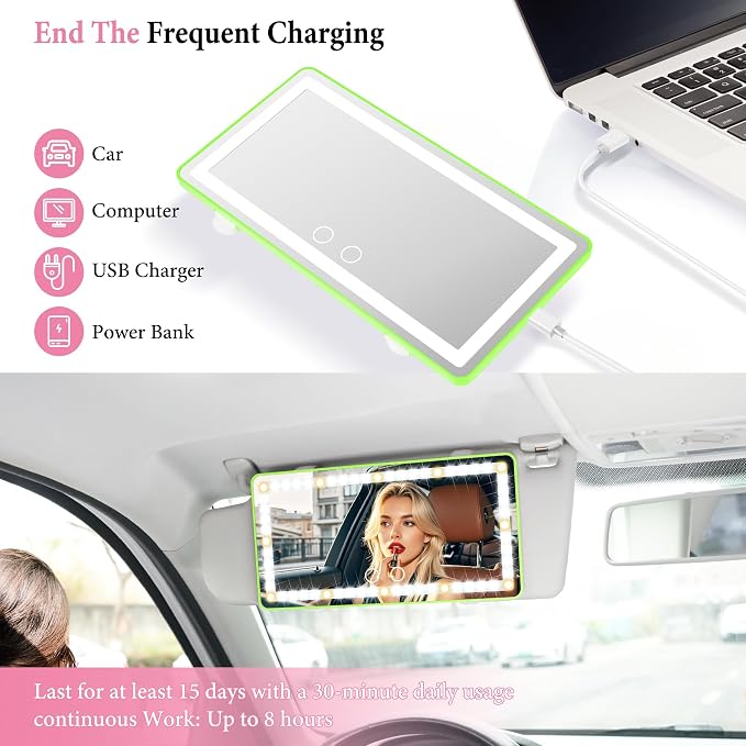 Car Sun Visor Vanity Mirror - Rechargeable Makeup Mirror with 60 LEDs, 3 Light Modes & Dimmable Touch Control for Cars, Trucks, SUVs, Car Interior Accessories for Women (Green)