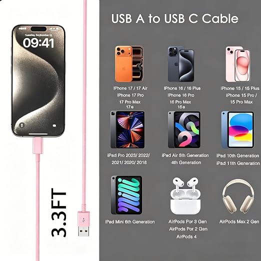 Cute Pink iPhone 17/17E Car Carplay Charger Cable for iPhone 17/16/15, 15/16/17 Pro Max 15 16 Plus Charging cable, USB A to USB C for iPad 10th Gen iPad Pro, Air 5th 4th Mini 6th Replacement (3.3 FT)