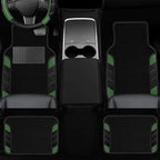 10 Pcs Car Floor Mats Full Set & Sport Leather Steering Wheel Cover 14.5-15 inch, Center Console Cover, Seat Belt Cushion, Cup Holder Coaster, Universal Automobile Interior Sets (Green)