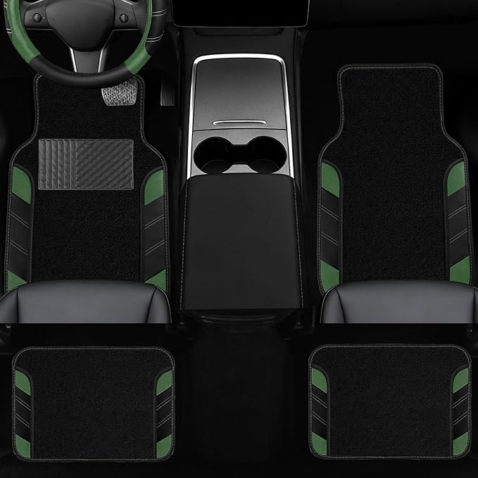 10 Pcs Car Floor Mats Full Set & Sport Leather Steering Wheel Cover 14.5-15 inch, Center Console Cover, Seat Belt Cushion, Cup Holder Coaster, Universal Automobile Interior Sets (Green)
