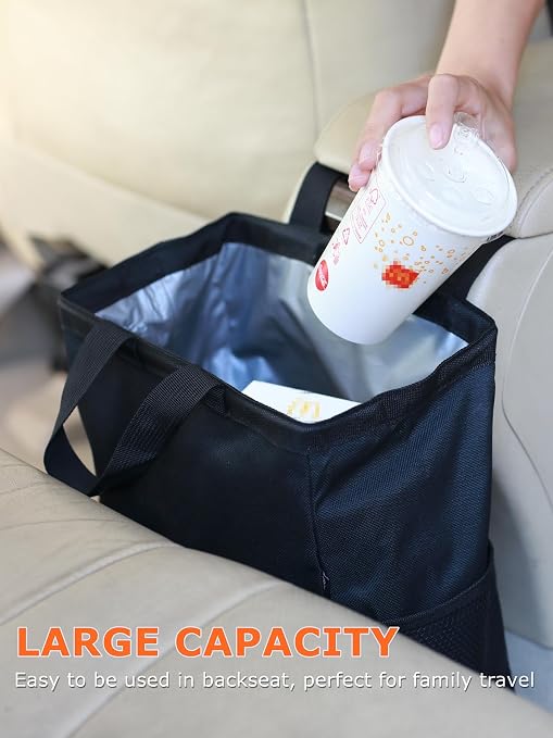 New Leak-Proof Travel Car Trash Bag, 3.5 Gallons Large Capacity Hanging Car Trash Can with Hook and Loop Lid and Handle, Multipurpose Trash Bin with Storage Pockets for SUV RV Camping (Black)