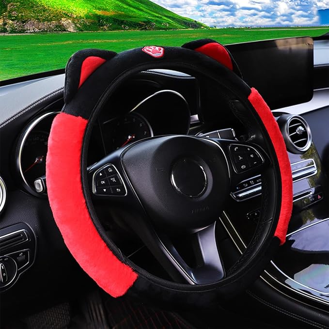 Car Steering Wheel Cover, Fluffy Soft Plush for Winter Warm, Cute Steering Wheel Protector with Kitty Cat Ears, Universal 15 Inch, Elastic & Anti-Slip, Lovely Decor Car Accessories (Black/Red)