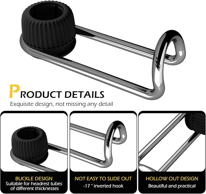 2 PCS Headrest Hooks for Car, 10KG Ultra High Load Bearing Alloy Concealable Swivel Buckle Design Headrest Pole Hook, Seat Headrest Storage Accessory, SayGoodbye to The Messy Space！ (Black)