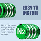 Tire Valve Stem Caps Cover - (5 Pack) Tire Air Cap N2 Nitrogen Metal with Plastic Liner Corrosion Resistant Leak-Proof for Car Truck Motorcycle Bike Green