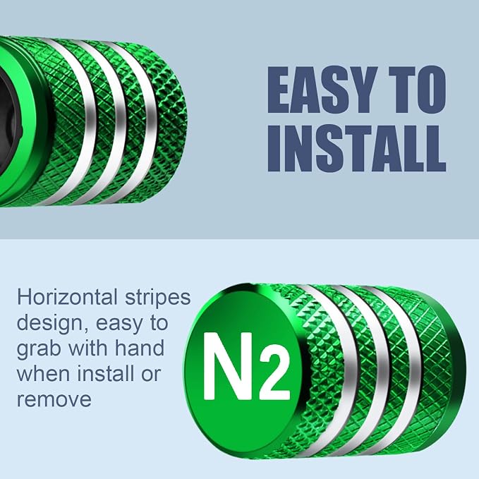 Tire Valve Stem Caps Cover - (5 Pack) Tire Air Cap N2 Nitrogen Metal with Plastic Liner Corrosion Resistant Leak-Proof for Car Truck Motorcycle Bike Green