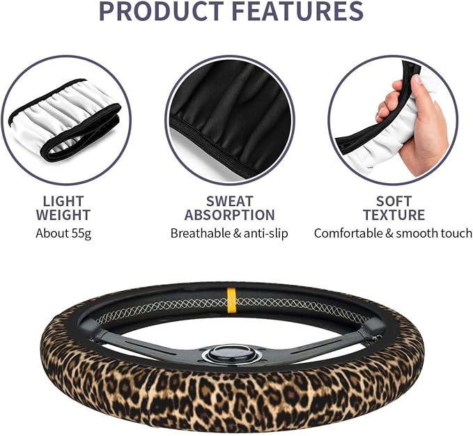Cheetah Brown Leopard Pattern Black Hunting Steering Wheel Cover Car Accessories Cute for Women Girls Girly Universal 15 Inch Neoprene Auto Interior Decor Anti Slip Car Truck Protector
