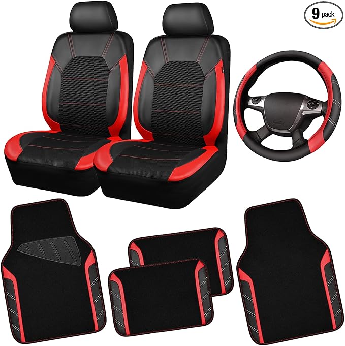 Air Mesh Leather Car Seat Covers for Front Seats, Waterproof Car Floor Mats, Sporty Steering Wheel Cover, Universal Fit for 95% Cars Truck SUV (Black and Red)