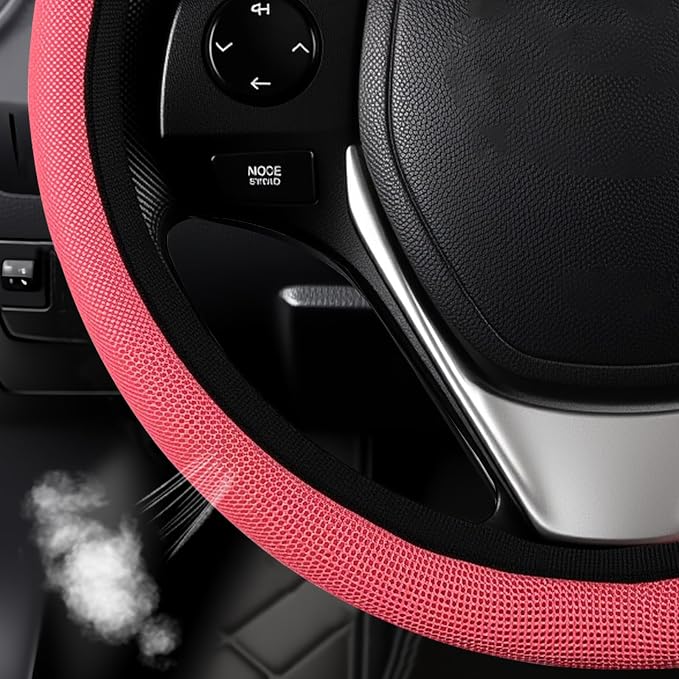 Red Mesh Steering Wheel Cover, Universal 15 inch, Elastic Stretch Microfiber Breathable Ice Silk Cover, Anti-Slip, Odorless, Sweat Absorption, Warm in Winter and Cool in Summer