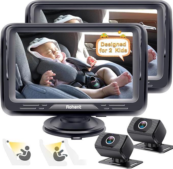 Baby Camera for Car 2 Pack - Dual HD 1080P Monitors with Night Vision, Adjustable Angles, Glare-Free Display, Easy Installation for Two Vehicles, Ideal for Road Trips