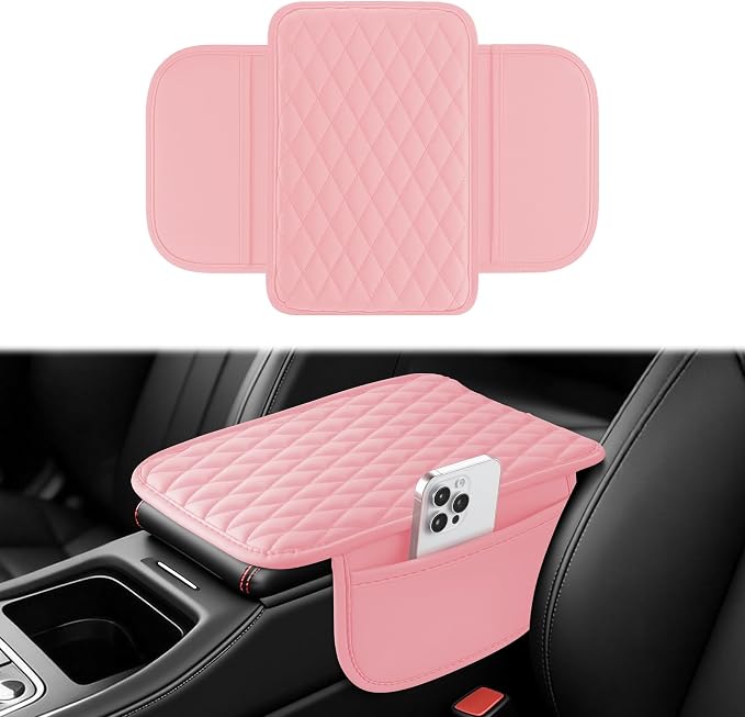 Car Center Console Cover, Upgraded Leather Car Armrest Cushion with 2 Storage Pockets, Universal Waterproof Cushion Pad, Non-Slip Car Interior Accessories, Fits Most Sedans SUVs Trucks (Pink)