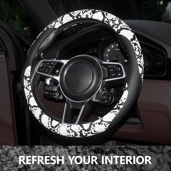 Snake Skin Steering Wheel Cover Leather 14.5-15 Inch, Reversible Car Steering Wheel Cover for Women Men, Anti-Slip Design, Universal Fit for Cars, SUVs, Black&White