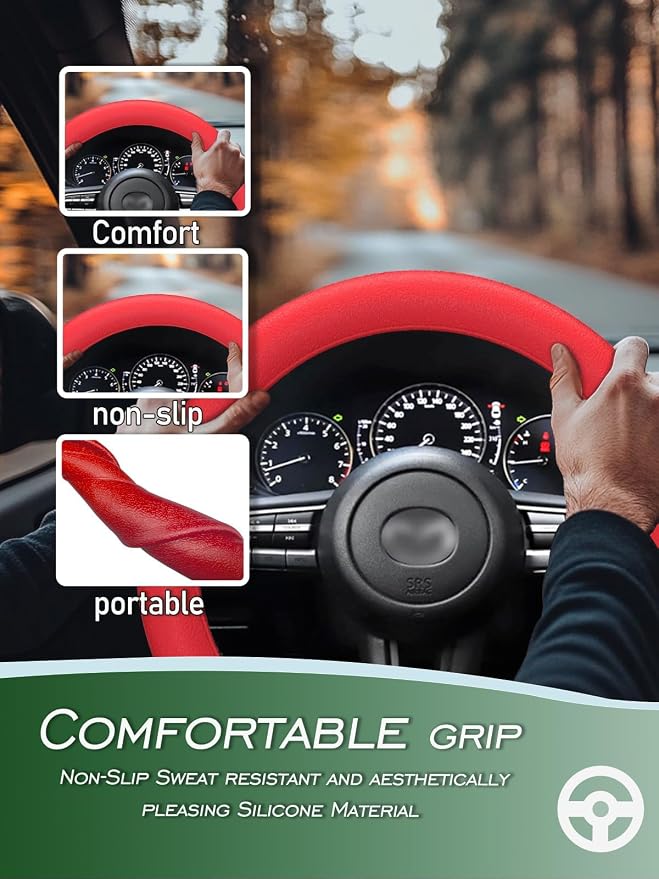 Car Steering Wheel Cover, Non-Slip Silicone Material, Multiple Color Choices, Universal Auto Parts Steering Wheel Cover, Suitable for Most Cars (Red2PCS)