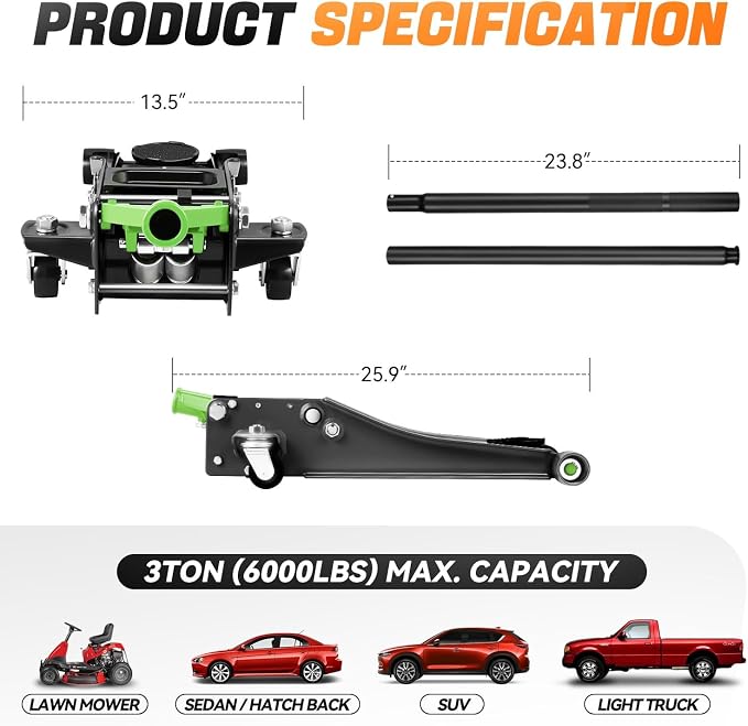 3 Ton Low Profile Floor Jack, Heavy Duty Steel Hydraulic Car Jack with Dual Pistons Quick Lift Pump, Hydraulic Racing Floor Jack, Lifting Range 3" to 20", Green