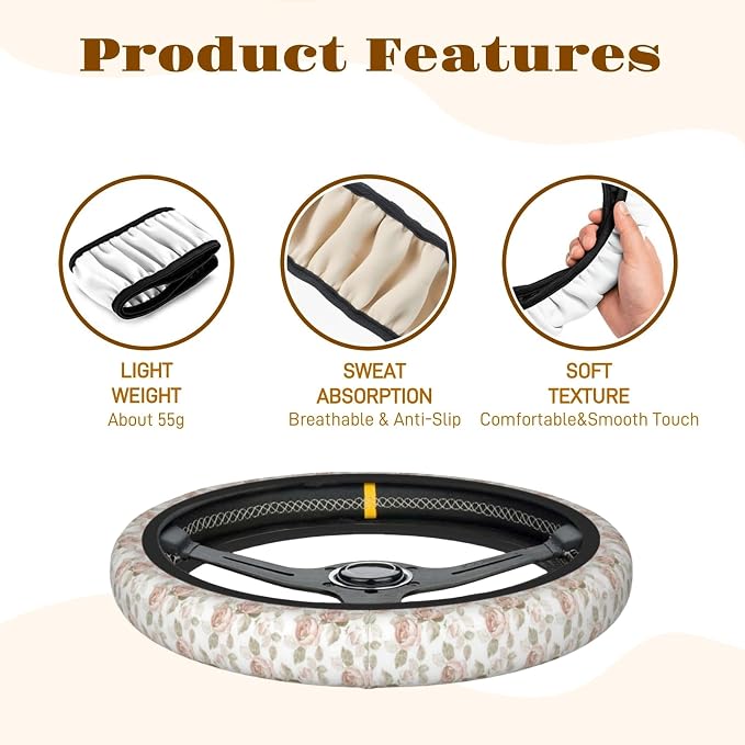 Steering Wheel Cover Accessories Neoprene Cover, Breathable Non-Slip Easy to Install Suitable for Women Men, 14.5-15.5 Inch for Car SUV Van Truck Universal - Pink Rose