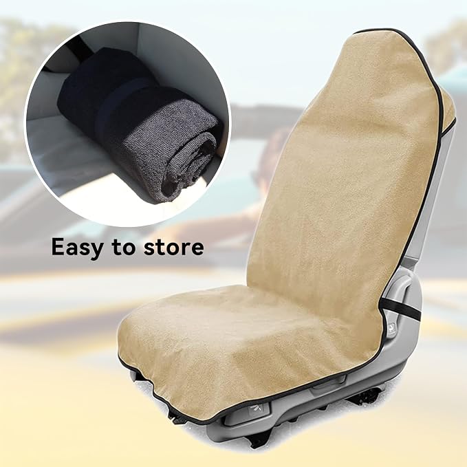 Waterproof Towel Car Seat Cover, Sweatproof Non Slip Towel Carseat Cover, Machine Washable Vehicle Bucket Frontseat Protector Accessories, Universal for SUV, Sedan, Truck (Beige)