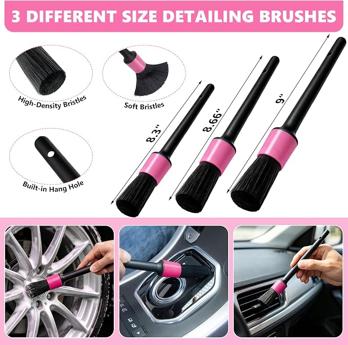 Windshield Cleaning Tool, 13PCS Car Detailing Kit Interior Cleaner, Car Window Cleaner with Extendable Handle, Car Interior Cleaning Kit with Detailing Brushes for Women Men (Pink)