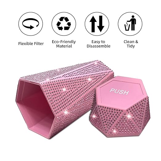 2 PCS Bling Car Trash Can with Lid, Bling Car Accessories Trash Bin, Leakproof Auto Garbage Can with 60 Trash Bags, Multipurpose Organizers and Storage for Home, Office (Pink Diamond)