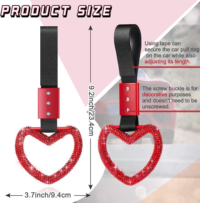 Bling Car Accessories Bling Heart Handle Ring Car Accessory for Women Hand Strap Drift Charm Rear Bumper Warning Ring Decor for Auto Bus Interior Exterior Decoration (Red, Heart Style)