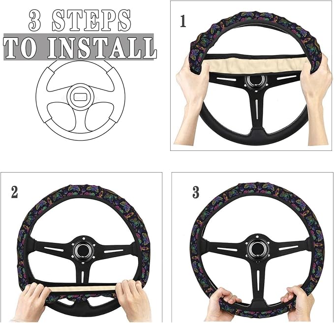 Neon Night Moths Butterflies Mushroom Steering Wheel Covers Anti-Slip Elasticity Car Accessories Steering Wheel Protector Universal 15 Inch for Cars SUV Vehicle Truck