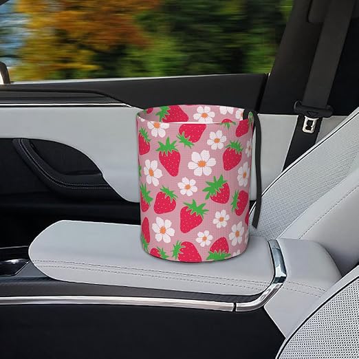 Car Garbage Bag Pink Strawberry and Floral Mini Car Trash Bin Portable Collapsible Waterproof Rubbish Bag for Car Accessories Back Front Seat Cup Holder