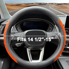 Nappa Leather Steering Wheel Cover, Diamond Checkered Design, Non-Slip wear-Resistant, Enhance Driving Comfort, Suitable for Steering Wheel Diameter 14 1/2‘-15’ Models.Black Orange