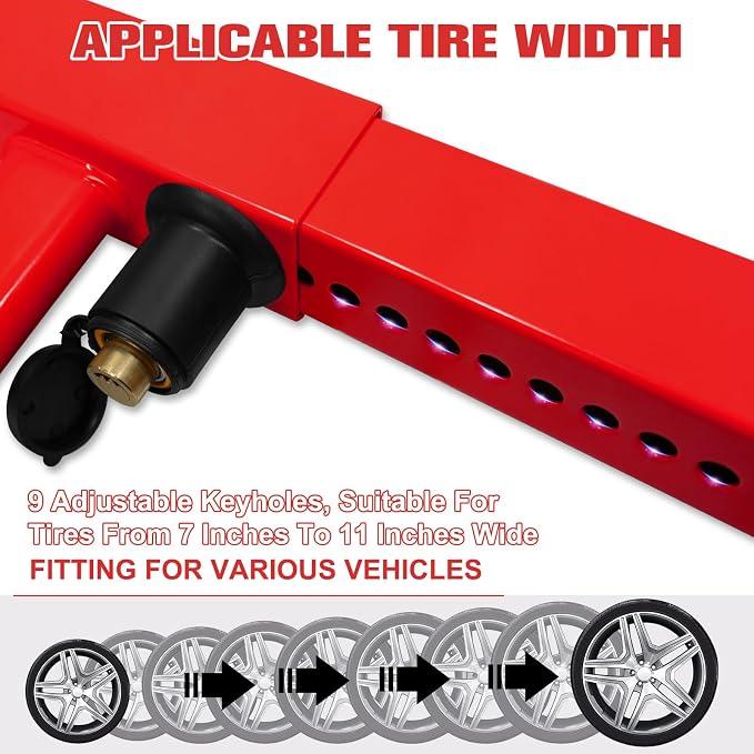 2Pcs Universal Heavy Duty Wheel Lock - Anti Theft Trailer Lock & Car Boot, Adjustable Security Tire 11.4" for Trailers, Cars, Golf Cart, ATV, SUV, RV, Boat, Camper, Motorcycle,6 Keys,Red+Black
