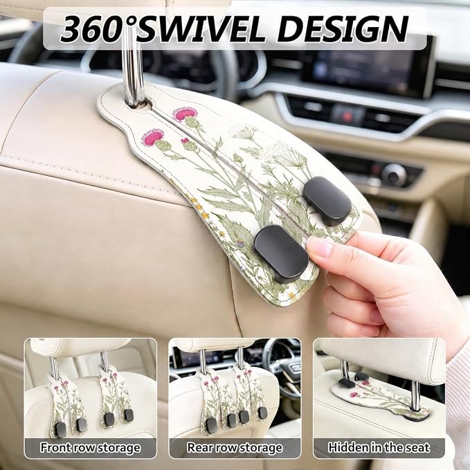 Cute Vintage Wildflower Car Seat Back Storage Headrest Hooks for Purses & Bags – 2PCS PU Leather Dual Metal Hooks, Backseat Organizer Accessories