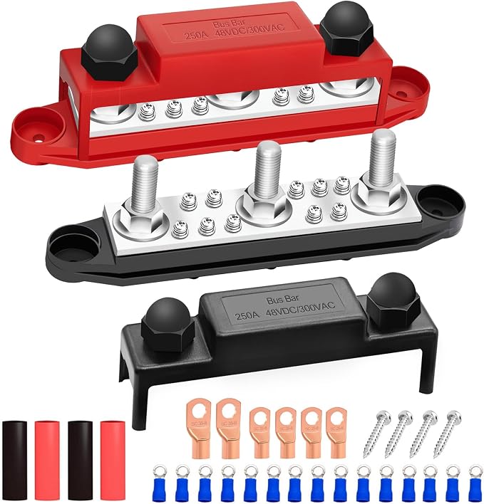250A Bus Bar 12V Marine 5/16" Power Distribution Block Automotive Busbar Terminal Block,Battery Buss Bar (Pair, Red & Black) 3 x 5/16" Post 10 x #8 Screws Terminals