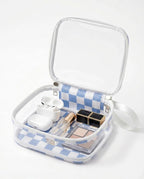 Preppy Clear Makeup Bag Travel Cosmetic Case Transparent Blue and Beige Checkered Mini Toiletry Bag,Portable Make Up Organizer Traveling Compact Car Accessories And Organization