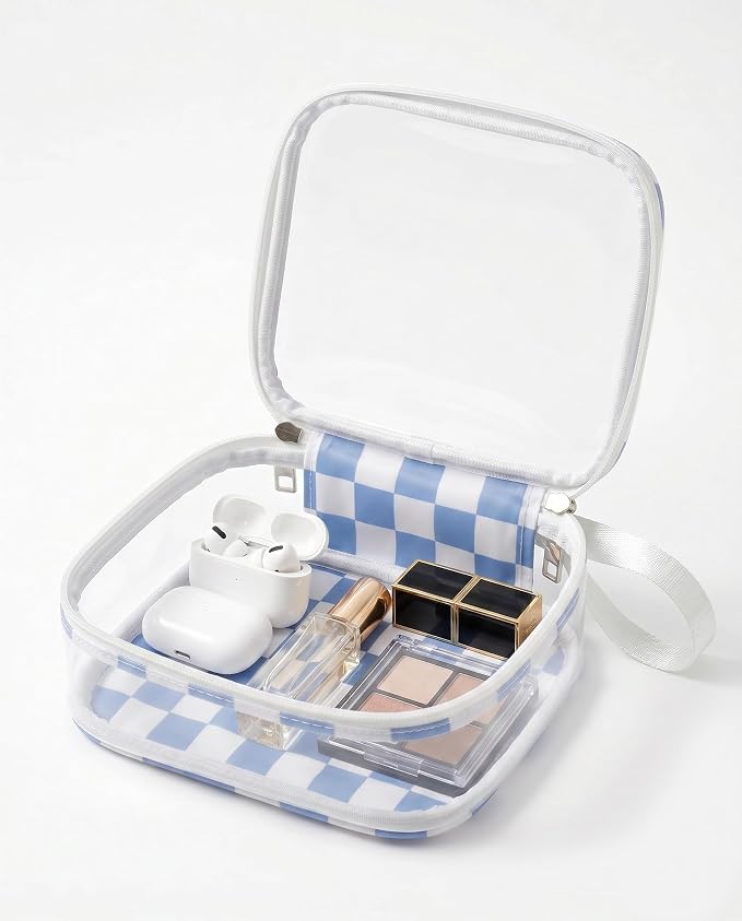 Preppy Clear Makeup Bag Travel Cosmetic Case Transparent Blue and Beige Checkered Mini Toiletry Bag,Portable Make Up Organizer Traveling Compact Car Accessories And Organization