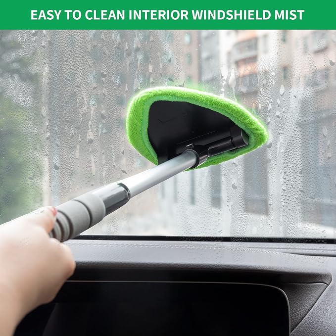XINDELL Windshield Cleaning Combo – Upgrade Large-Head Car Window Cleaner Tool with Extendable Handle & 4 Pads + 5-Pack Replacement Microfiber Triangular Covers for Interior/Exterior Auto Glass, Strea