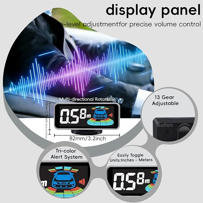 Backup Parktronic System Car Auto Vehicle Reverse with 8 Parking Sensors kit, LCD Display, Distance Detection (Meter/Foot Switchable), Buzzer Alarm and Voice Prompt Function（Dark Grey）