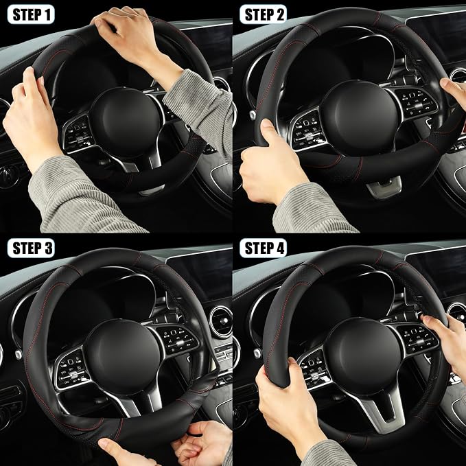 Black Breathable Microfiber Leather Steering Wheel Cover | Breathable Anti Slip Grip Cool Sporty Look Glow for Women Men