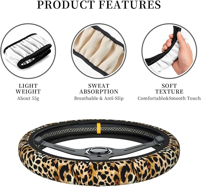 Leopard Print Neoprene Steering Wheel Cover Anti-Slip Elastic Cheetah Print Steering Wheel Protector 15in Universal Car Accessories Fit Cars, SUVs, Auto