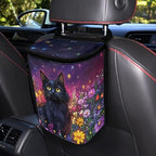 Cat Daisy Galaxy Print Car Trash Can with Lid, Leak Proof Auto Trash Bag Hanging Vehicle Garbage Can Multipurpose Storage Container for Back Seat Road Trip