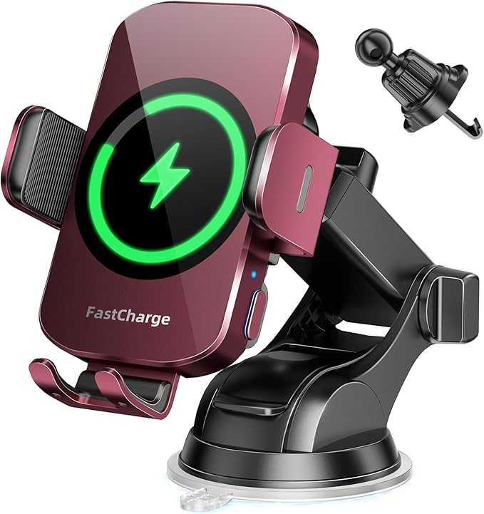 3-in-1 Wireless Car Charger Mount, 15W Fast Charging Auto-Clamping Phone Holder for iPhone 17 16 15 14, Samsung Galaxy S24 S23, Dashboard, Vent & Windshield Car Mount(Deep Red)