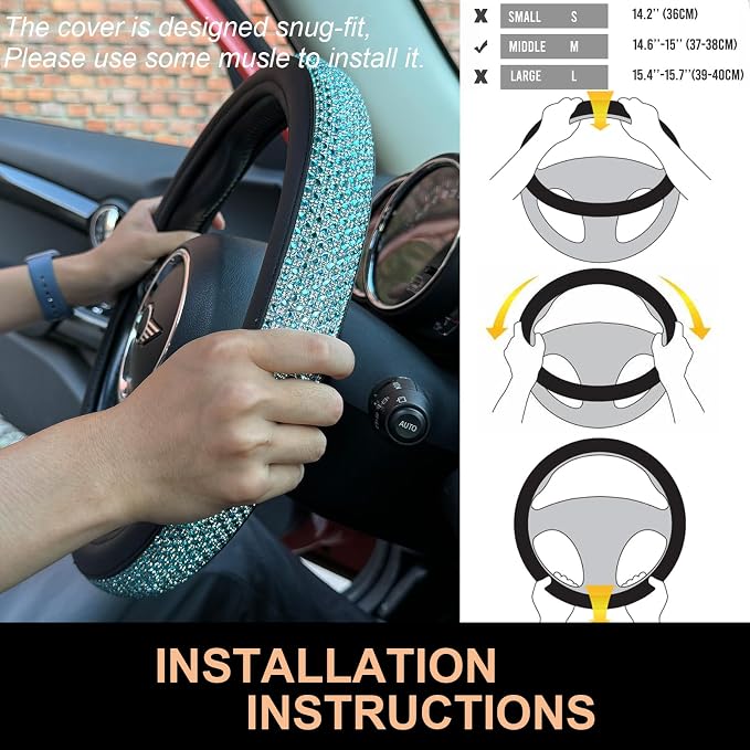 Bling Bling Comfy Steering Wheel Cover with Jumbo Crystal Rhinestones, Anti-Slip Diamond Leather, Universal 15 Inch (Sky Blue)