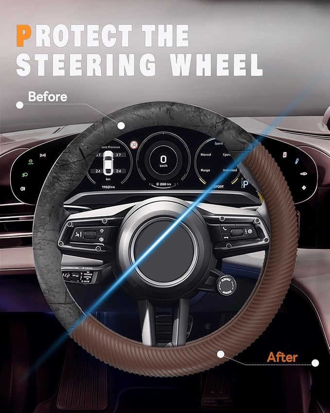 Car Steering Wheel Cover, Thin Anti-Skid Silicone Steering Wheel Cover for Men & Women, Universal Automotive Interior Accessories for Most Cars (Brown)