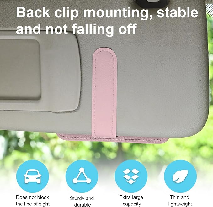 2PCS Small Leather Car Sun Visor Organizer, Multifunctional Auto Visor Document Holder with Sunglasses Clip, Universal Car Interior Organizer for Drving License, Card, Pen (Pink)