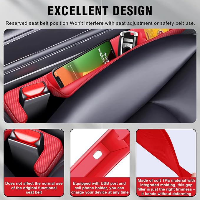2PCS Car Seat Gap Filler, Automotive Seat Organizer Fill The Gap Between Seat and Console, Universal Car Storage Box Inserts Fill The Gap Between Seat &Console for Coins Wallets Keys (Red)