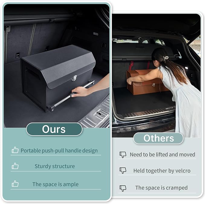 Car Trunk Organizer, Leather Trunk Organizer for SUV with Lid and Sturdy Handle Car Storage Organizer (Black, 20.47 x 11.42 x 12.2in)