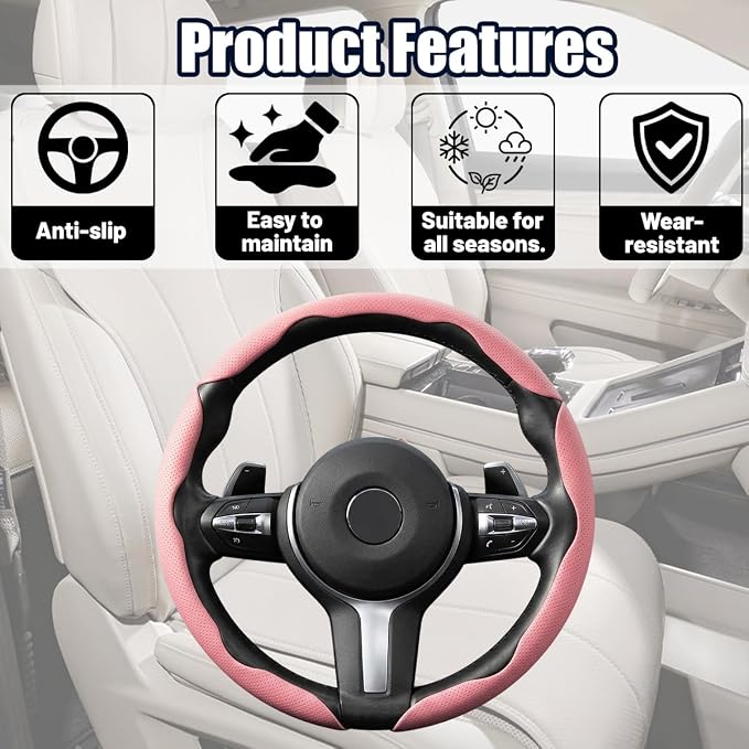 3PCS/Set Car Steering Wheel Cover, Leather Segmented Anti-Slip Automotive Wheel Protector, Soft Breathable Vehicle Steering Protection Covers, Universal Interior Accessories (Pink)