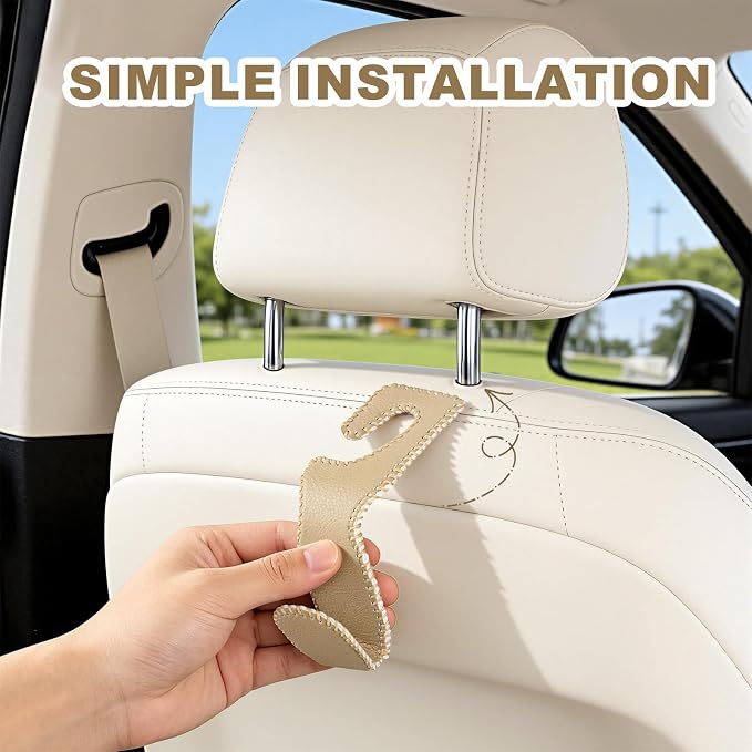 Car Purse and Coat Hanger - 2Pack Beige Leather Hooks for Hanging Purses, Bags and Coats