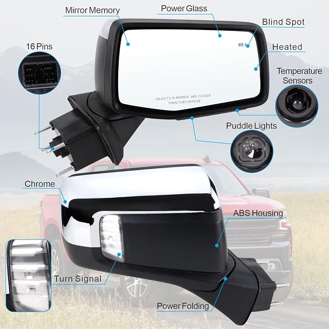 Right Passenger Side Mirror Compatible With 2019-2025 Chevy Silverado 1500 With Power Folding Heated Turn Signal Puddle Light Memory Temperature Sensor Blind Spot Chrome Replace#84898868(16Pins)